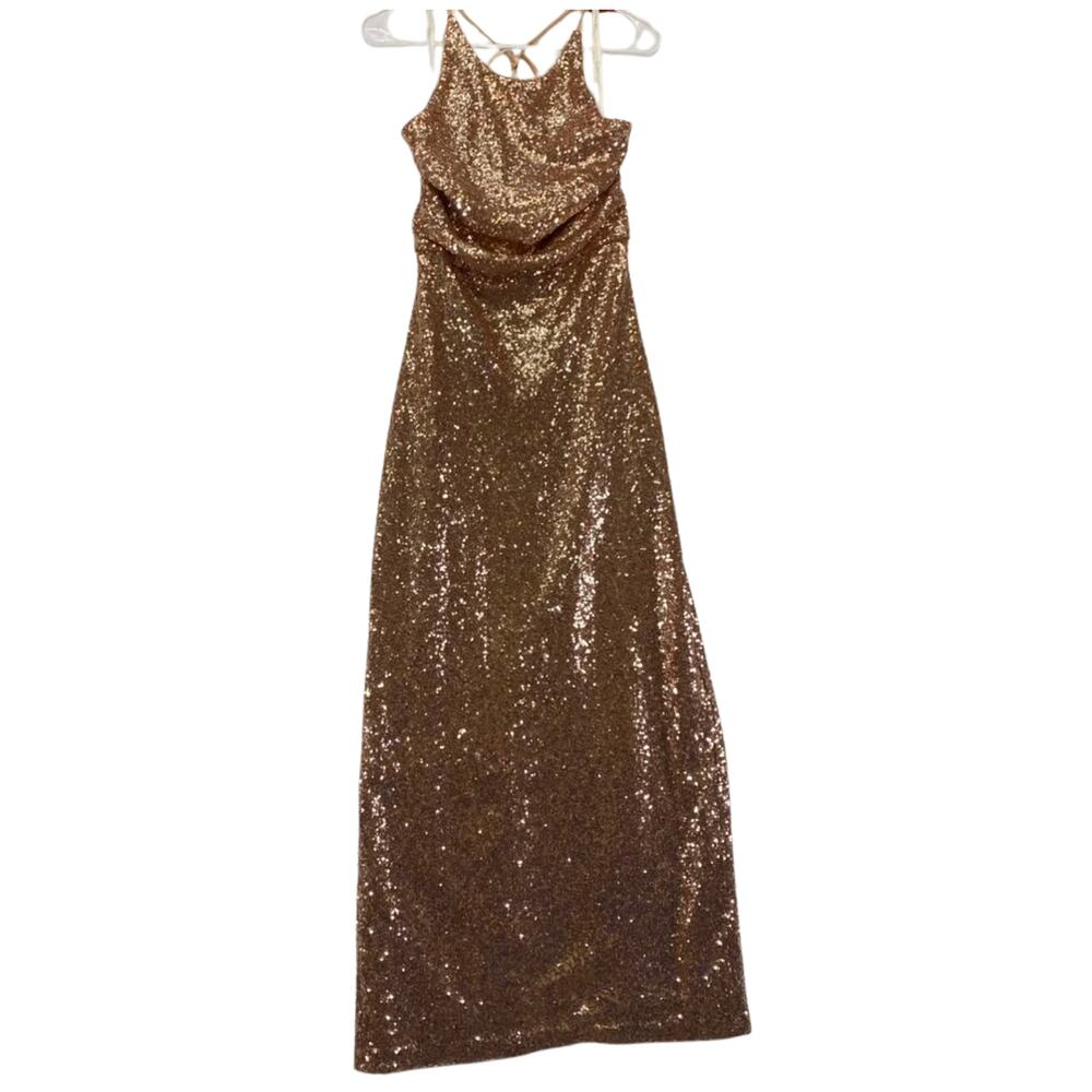 Christina Wu Gold Sequin Halter Maxi Formal Dress Style 22811 Sz 6